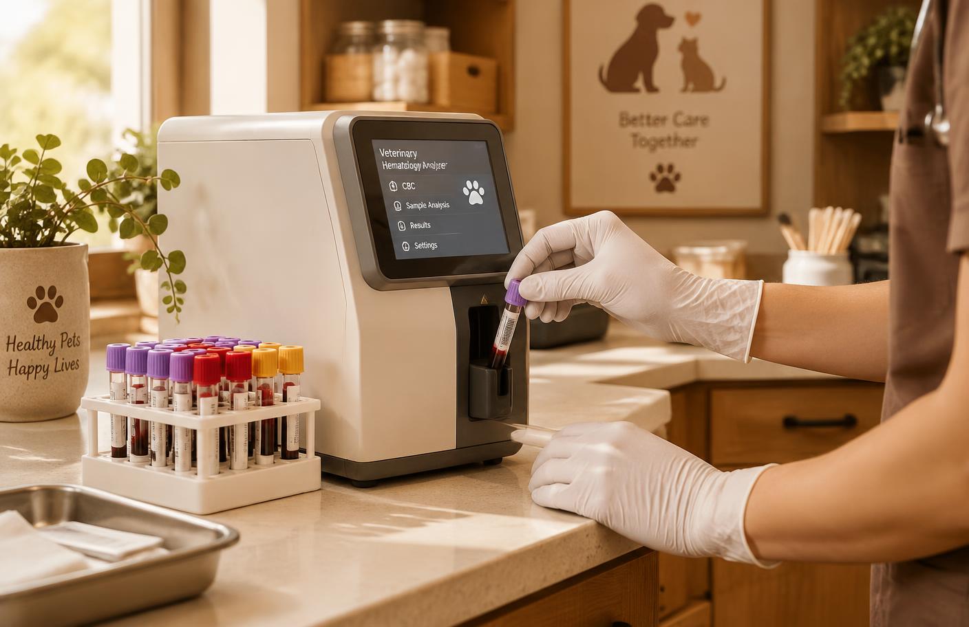Blood sample being analysed in the in-clinic laboratory at Pet Life Care, Lahore