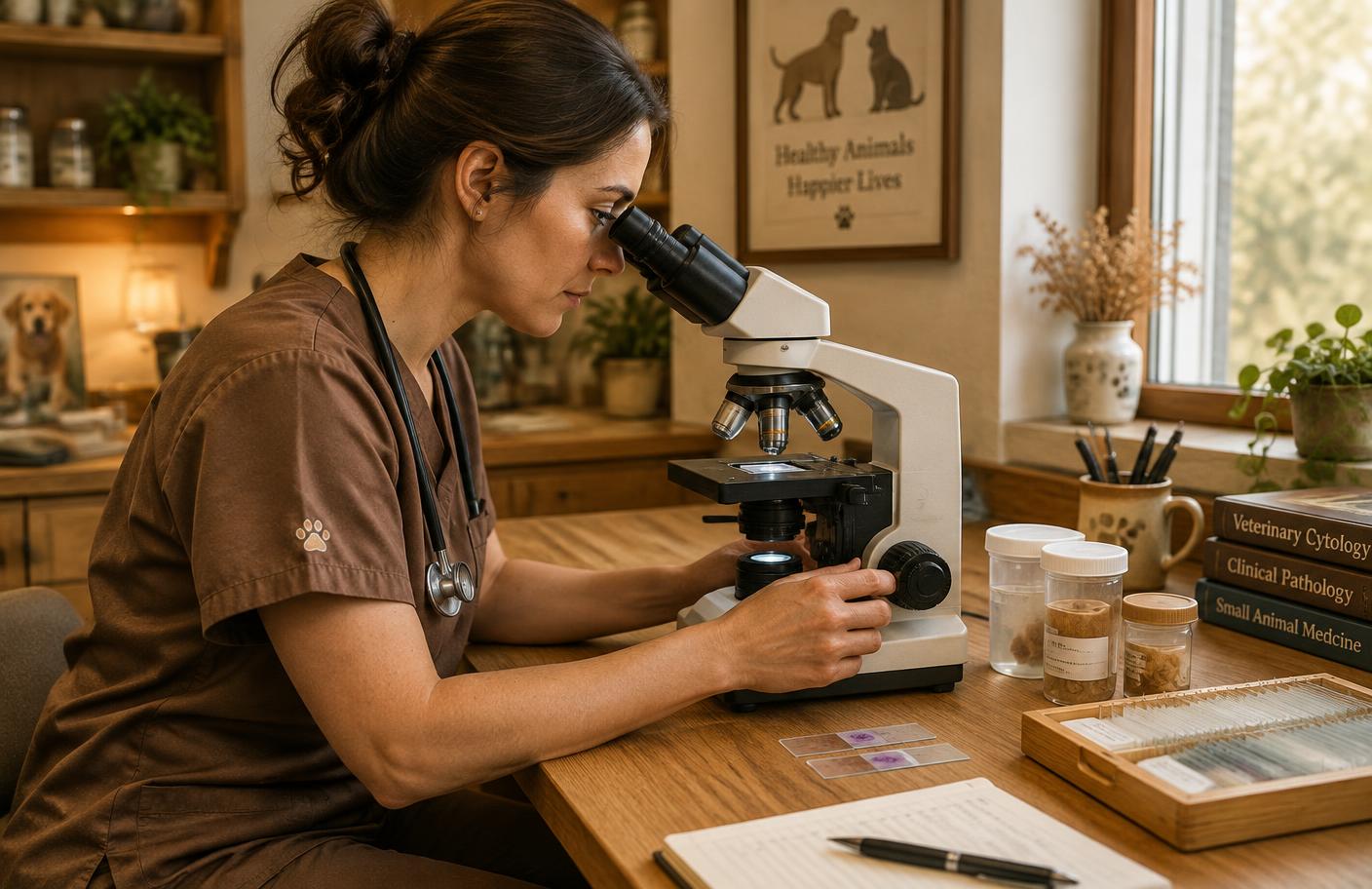 Dr Rohma Shabbir examining a slide under the microscope at Pet Life Care, Lahore