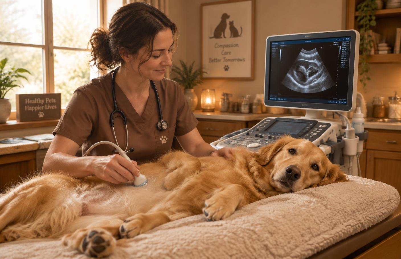 Veterinarian performing an ultrasound scan on a relaxed dog at Pet Life Care, Lahore